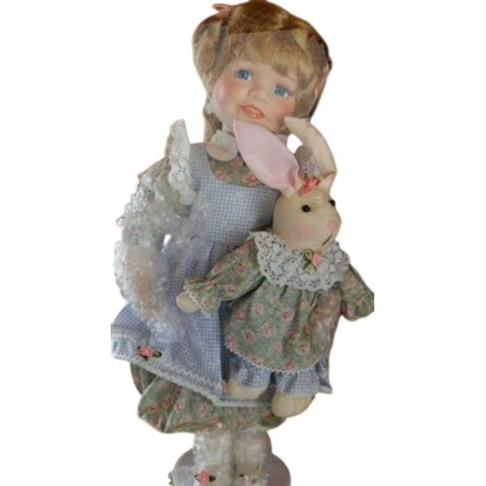 ABC 16 Inch Porcelain Doll with Bunny Floral Gingham Lace Dress 100427 NIB